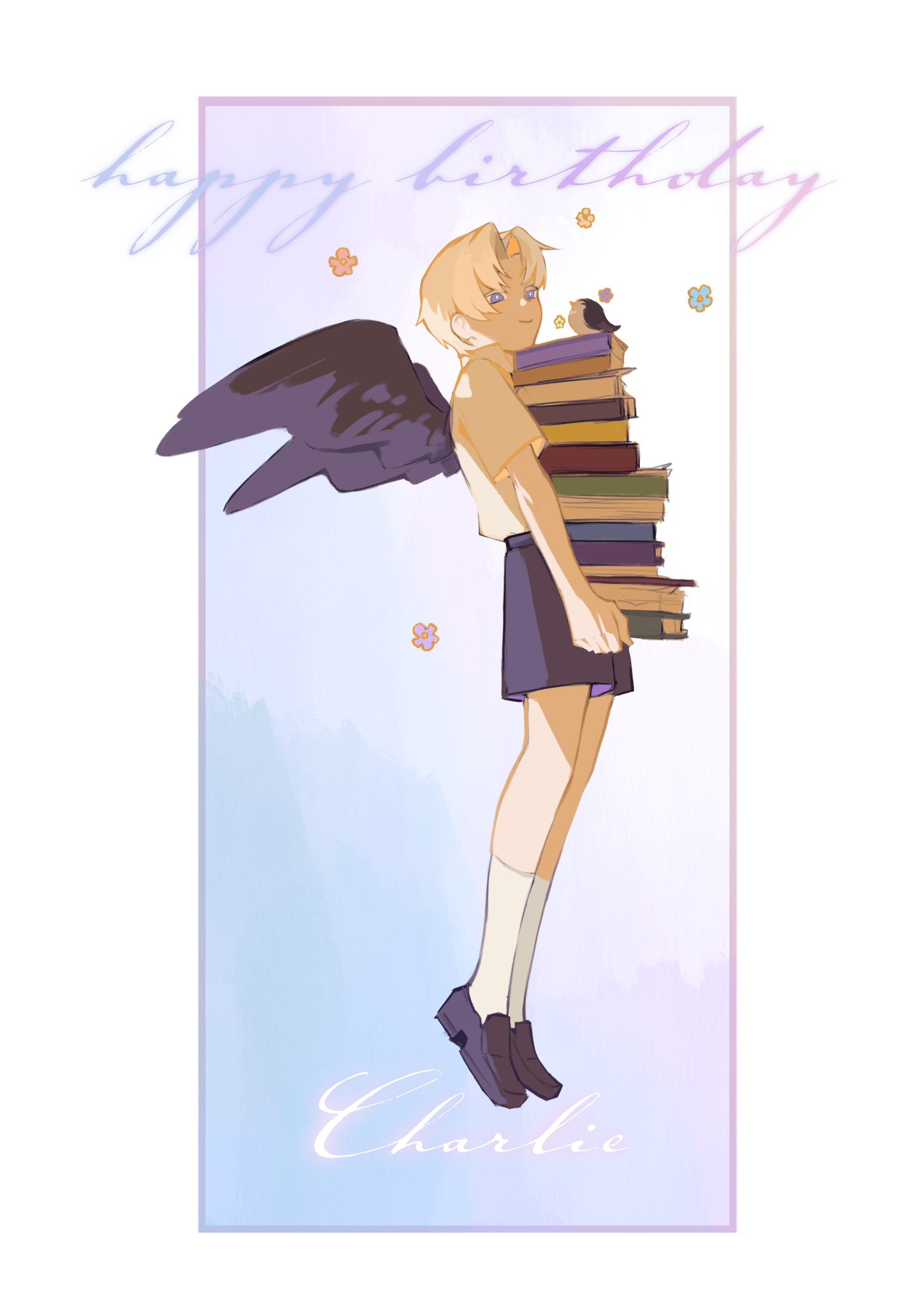 1boy, aged_down, animal, bird, blonde_hair, book, book_stack, border