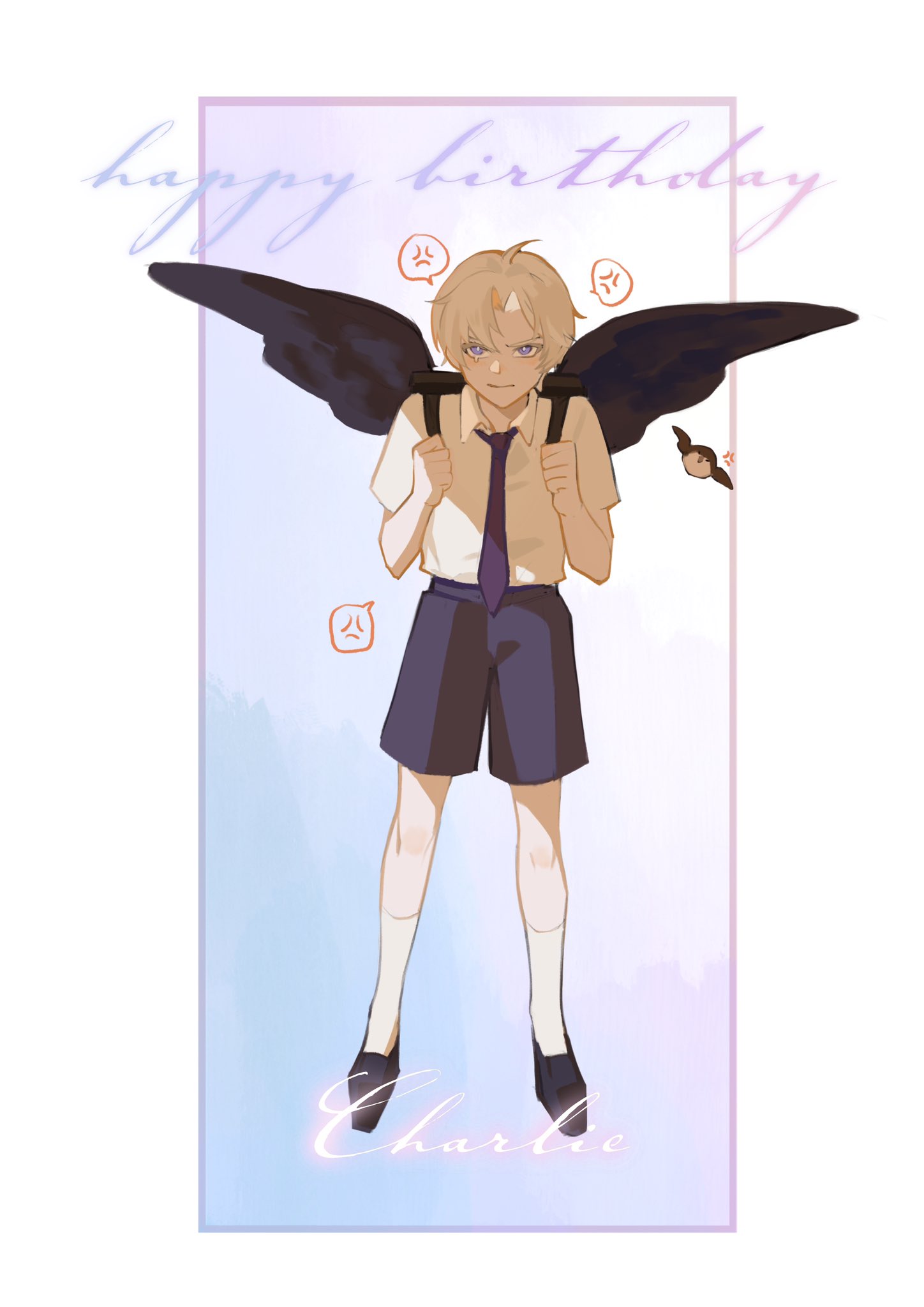 1boy, aged_down, anger_vein, angry, animal, bird, black_footwear, black_wings, blonde_hair, border, bright_pupils, character_name, charlie_su, child, closed_mouth, english_commentary, english_text, feathered_wings, full_body, gradient_background, hands_up, happy_birthday, heart_bobo, highres, kneehighs, light_and_night_love, looking_at_viewer, male_focus, necktie, outside_border, purple_background, purple_border, purple_necktie, shirt, short_hair, short_sleeves, shorts, socks, solo, spoken_anger_vein, standing, teardrop, violet_eyes, white_shirt, wings