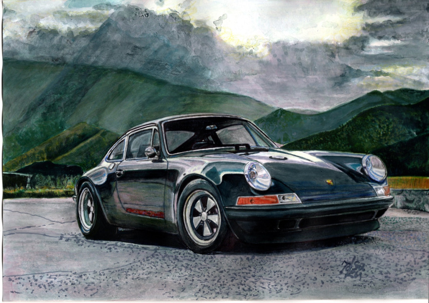 black_car, car, clouds, cloudy_sky, highres, motor_vehicle, no_humans, original