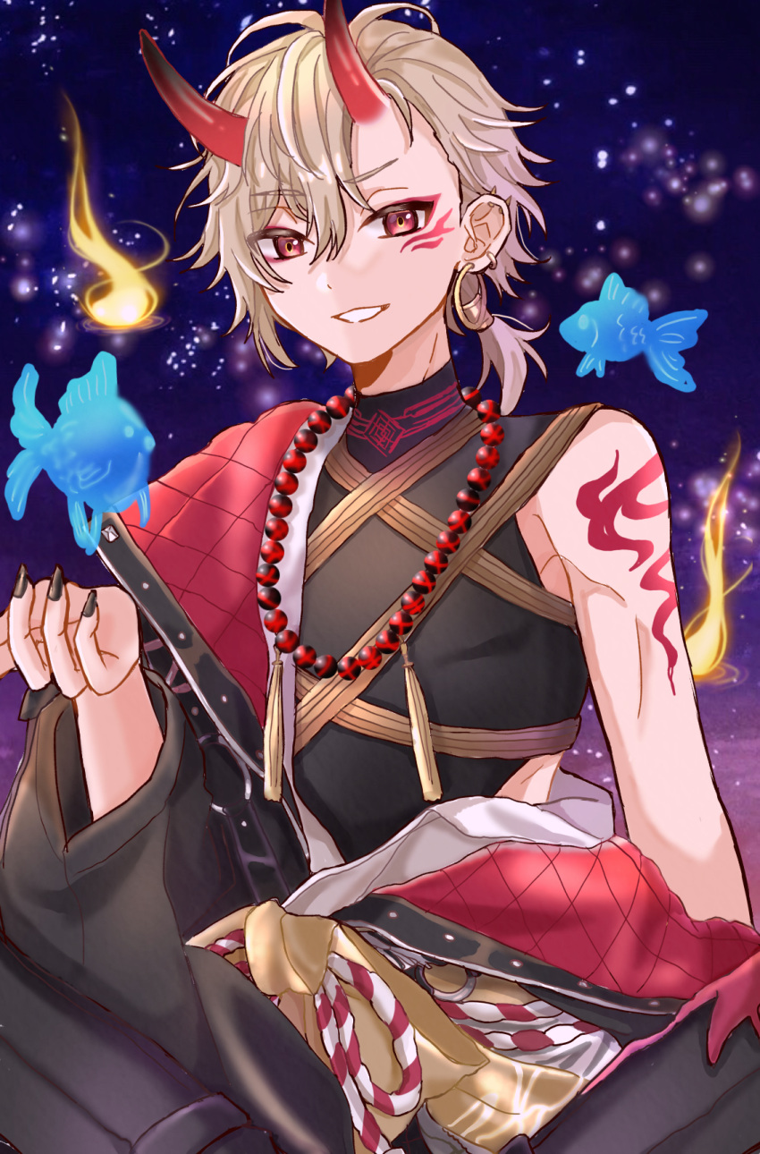18trip, 1boy, arm_tattoo, asako_(puiu9k), black_gloves, blonde_hair, earrings, fire