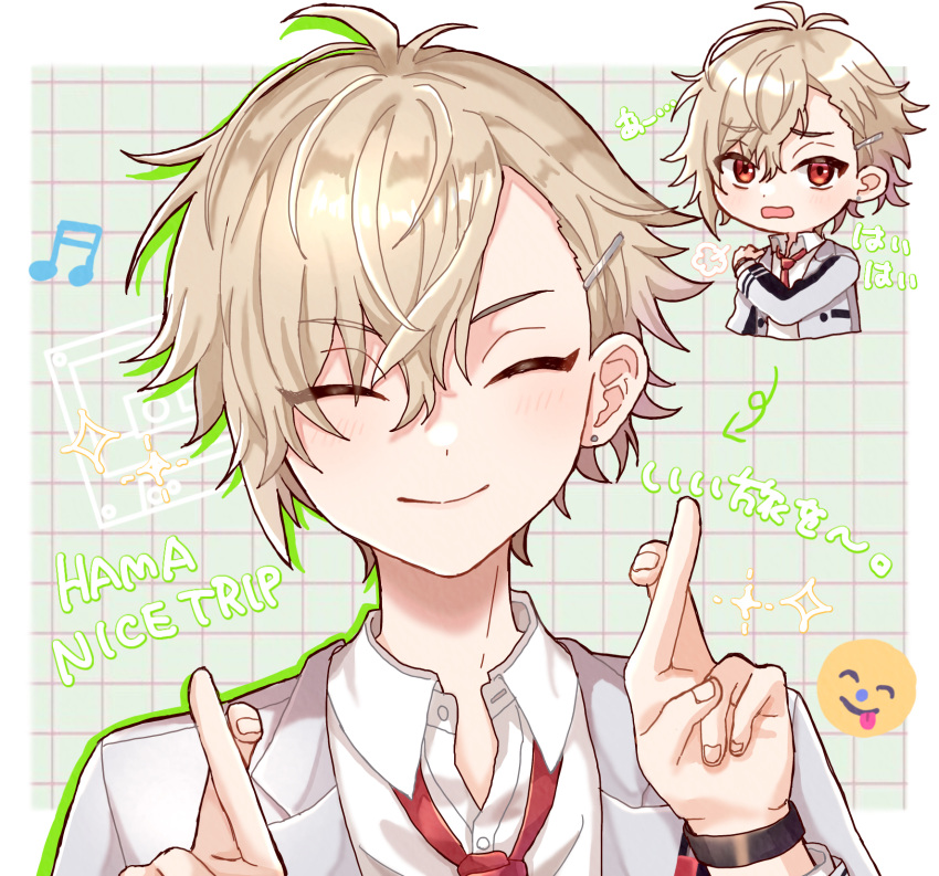 18trip, 1boy, asako_(puiu9k), blazer, blonde_hair, border, closed_eyes, crossed_fingers