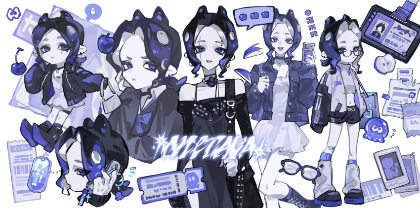 1girl, apple, apple_slice, black_dress, black_hair, black_jacket, black_lips, blue_eyes