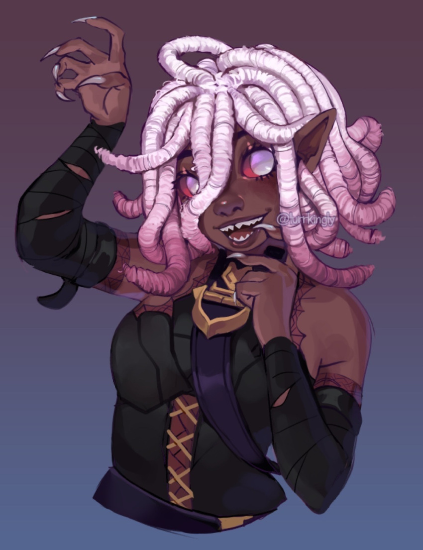 1girl, alternate_skin_color, artist_name, blue_background, briar_(league_of_legends), colored_sclera, colored_skin, colored_tips, commentary, cropped_torso, dark-skinned_female, dark_skin, demon_girl, dreadlocks, english_commentary, fangs, finger_to_mouth, fingernails, flurrty, gradient_background, gradient_hair, grey_eyes, hand_up, highres, kinky_hair, league_of_legends, long_hair, looking_at_viewer, medium_hair, monster_girl, multicolored_hair, no_pupils, open_mouth, outstretched_arms, pink_hair, pointy_ears, red_background, red_sclera, sharp_teeth, simple_background, smile, solo, teeth, two-tone_hair, upper_body, white_eyes, white_hair, zombie_pose