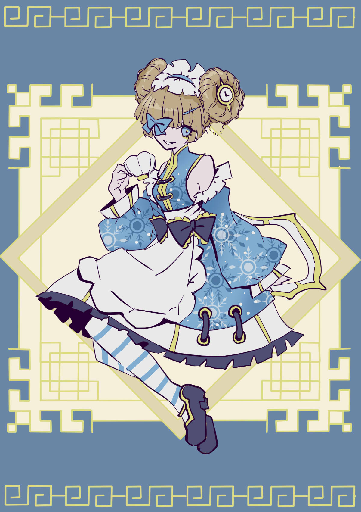 1girl, alice_in_wonderland, apron, armpit_crease, blonde_hair, blue_background, blue_dress, blue_eyes