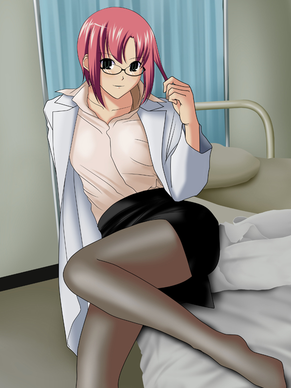 bespectacled, blush, glasses, labcoat, legs, nurse, pantyhose, pillow