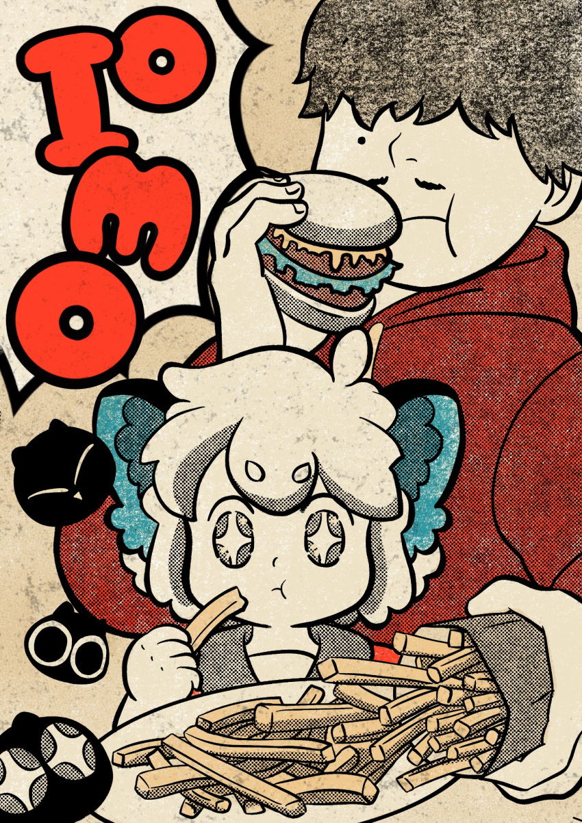 2boys, animal_ears, black_hair, burger, cat_boy, cat_ears, da_shuang_(the_legend_of_luoxiaohei), eating, food, french_fries, hair_over_eyes, halftone, heixiu, highres, holding, holding_burger, holding_food, hood, hood_down, hoodie, itrqv, luo_xiaohei, luo_xiaohei_(human), luo_xiaohei_zhanji, mole, mole_under_eye, multiple_boys, plate, red_hoodie, short_hair, upper_body, white_hair