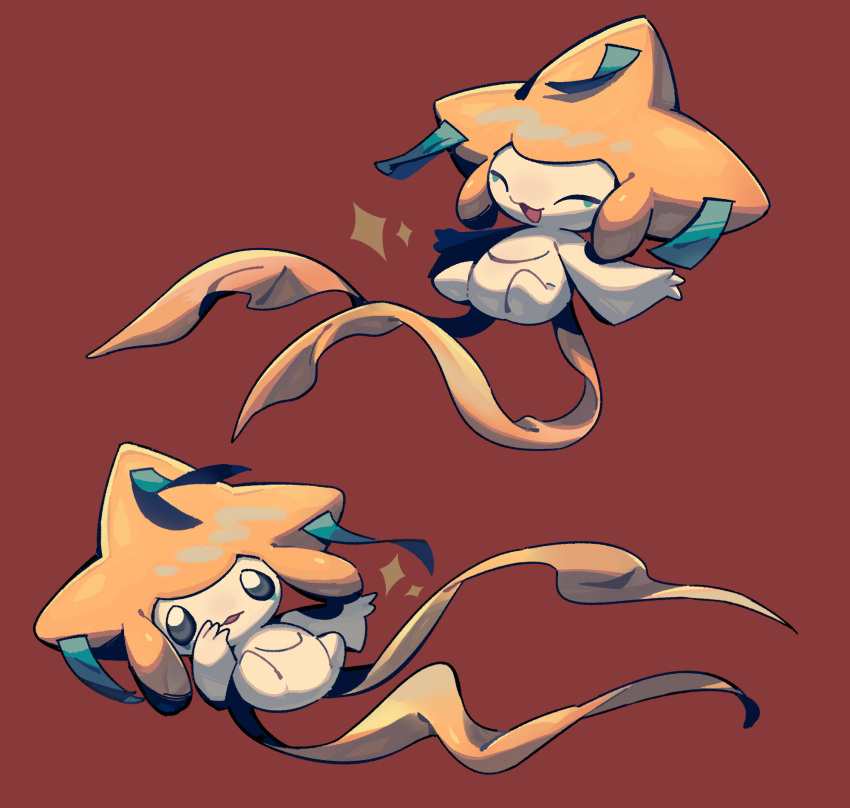 :3, animal_focus, black_eyes, bul_(moiko), closed_eyes, commentary, creature, full_body, highres, jirachi, looking_at_viewer, multiple_tails, multiple_views, no_humans, no_nose, open_mouth, pokemon, pokemon_(creature), red_background, simple_background, smile, sparkle, symbol-only_commentary, tail, two_tails