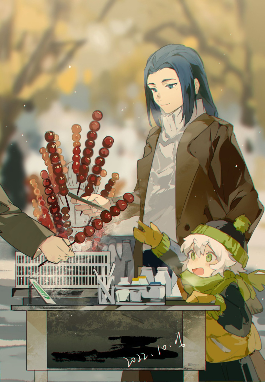 1other, 2boys, blue_eyes, blue_hair, blurry, blurry_background, brown_jacket, dated