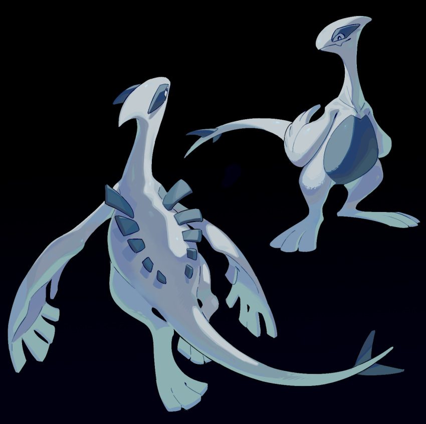 animal_focus, black_background, blue_eyes, bul_(moiko), fang, fins, full_body, highres, looking_at_viewer, lugia, multiple_views, no_humans, pokemon, pokemon_(creature), simple_background, skin_fang, standing, tail