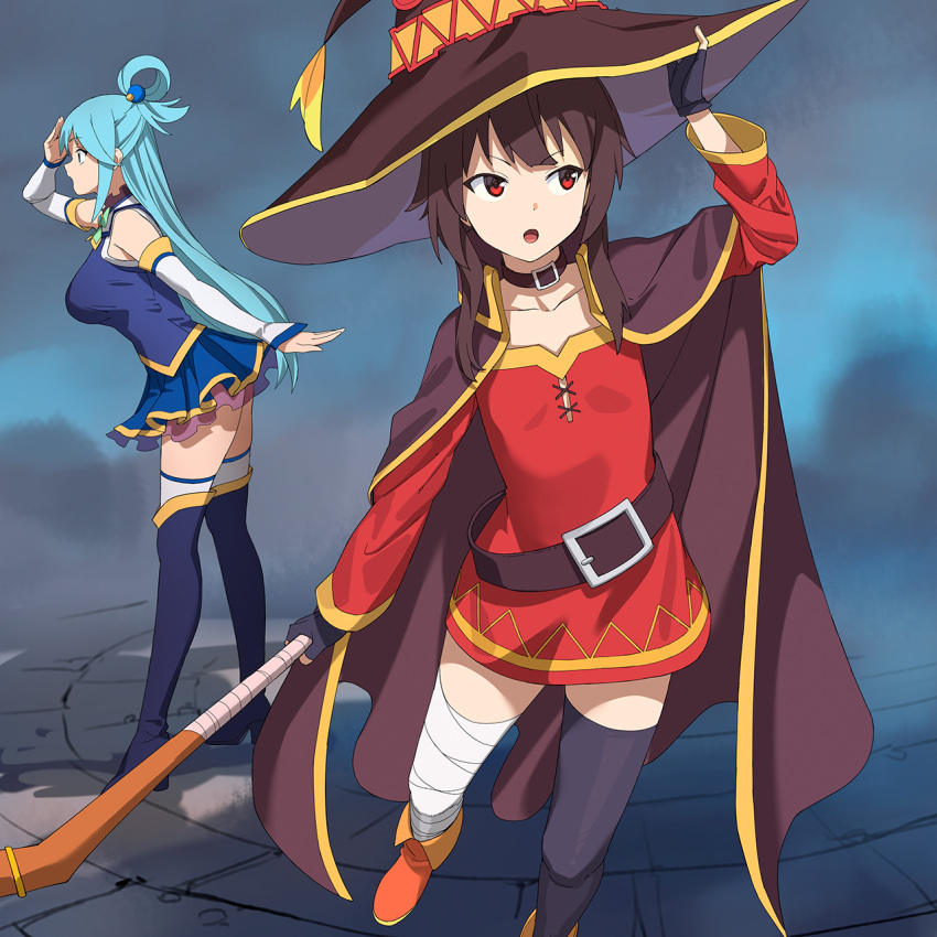 2girls, a1_(initial-g), aqua_(konosuba), bandaged_leg, bandages, belt, black_belt, black_cape