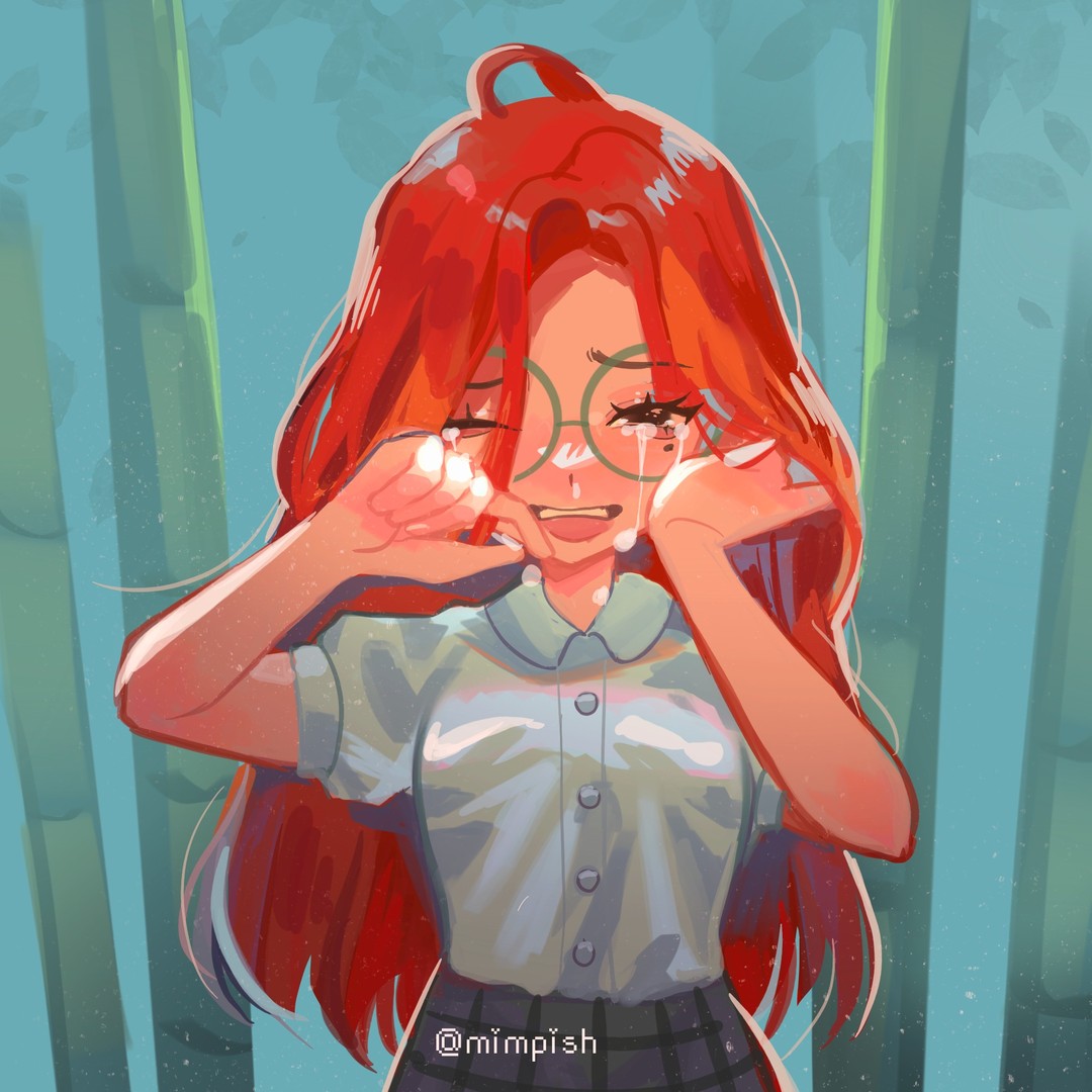 1girl, black_eyes, breasts, commentary, crying, english_commentary, glasses, half-closed_eye, long_hair, mimpish, ming_lee, ming_lee_(young), mole, mole_under_eye, one_eye_closed, plaid, plaid_skirt, redhead, round_eyewear, school_uniform, skirt, small_breasts, solo, streaming_tears, tears, turning_red, twitter_username, upper_body