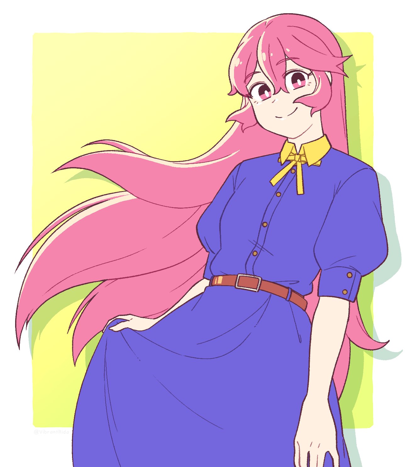 1girl, belt, breasts, brown_belt, commentary, dress, english_commentary, hair_between_eyes