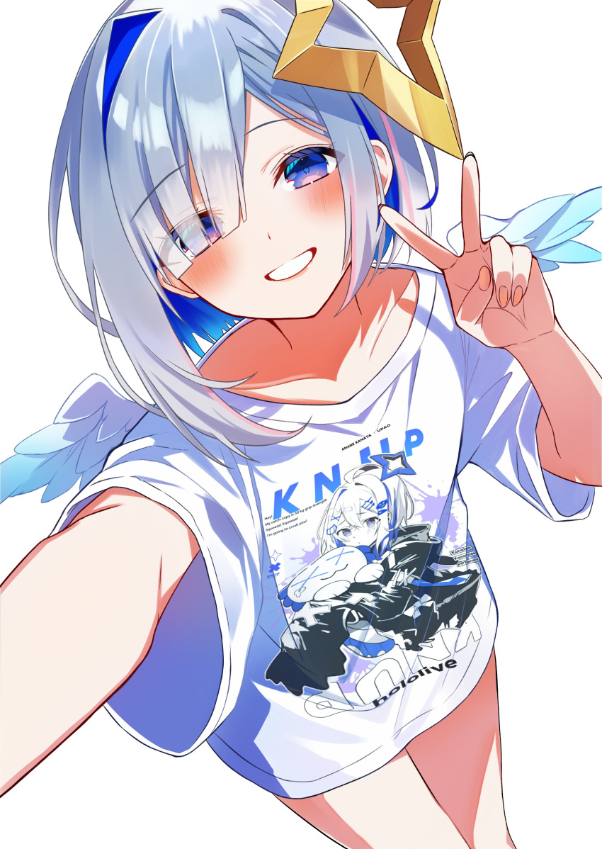 1girl, absurdres, amane_kanata, amane_kanata_(punk_rock), angel, angel_wings, blue_hair, breasts, character_print, colored_inner_hair, grey_hair, halo, highres, hololive, multicolored_hair, self_character_print, selfie, shirt, short_hair, small_breasts, smile, solo, star_halo, t-shirt, uekana9, v, violet_eyes, virtual_youtuber, white_background, wings