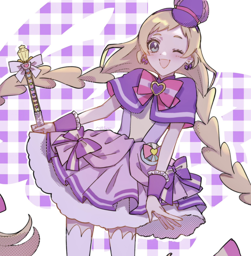 blonde_hair, blue_eyes, blush, bow, braid, brooch, capelet, chexx60