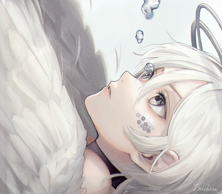 1girl, eyelashes, feathered_wings, floating_tears, grey_background, grey_eyes, hair_between_eyes, halo