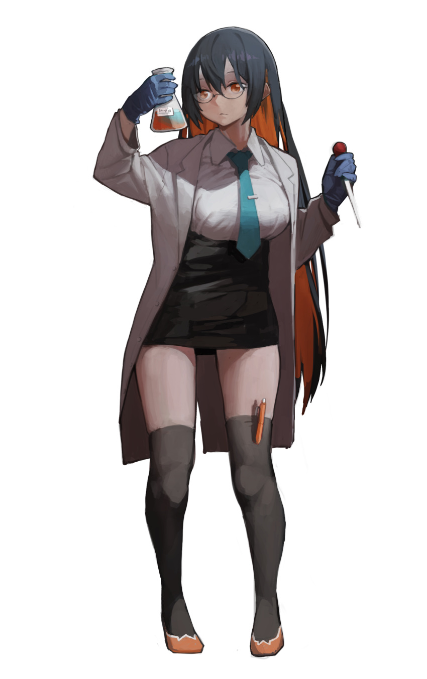 1girl, absurdres, aqua_necktie, bespectacled, black_hair, black_skirt, black_thighhighs, breasts