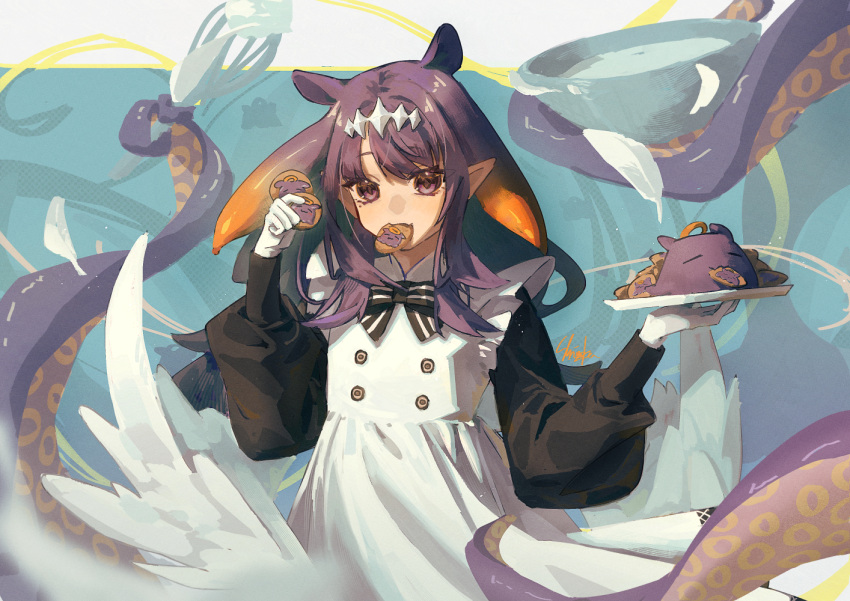 1girl, apron, black_dress, black_eyes, black_hair, character_cookie, closed_mouth, commentary