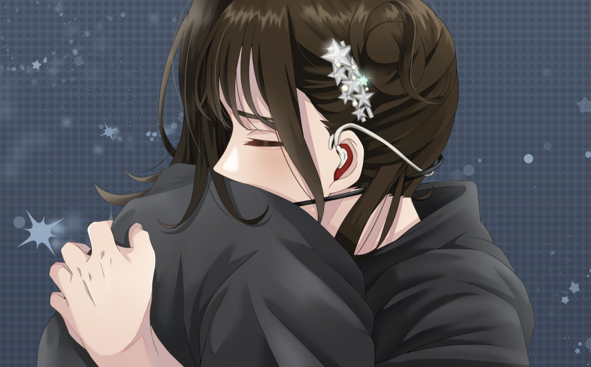 2girls, black_hair, blush, brown_hair, closed_eyes, commentary_request, from_side, grey_background
