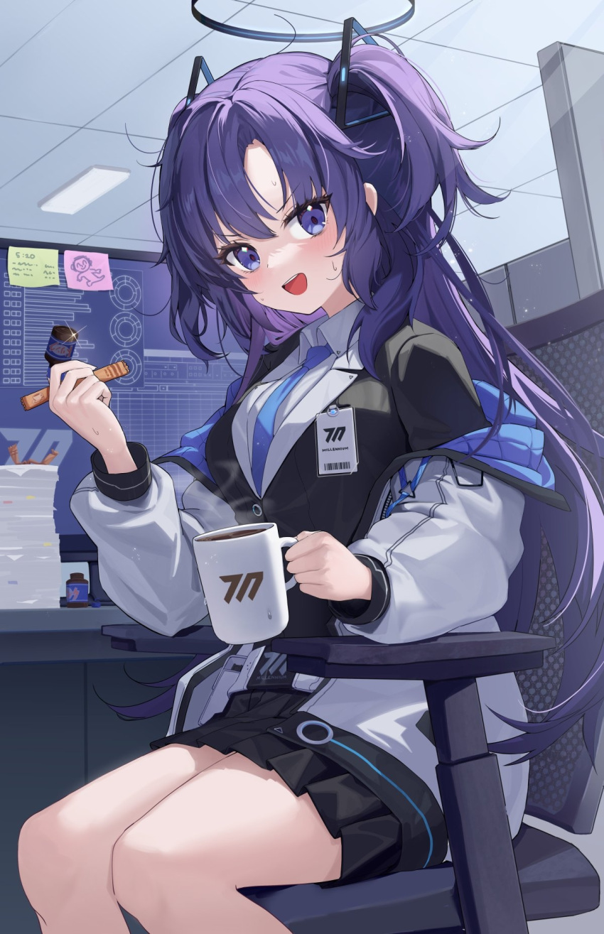1girl, black_skirt, blue_archive, blue_necktie, blush, breasts, chair, coffee