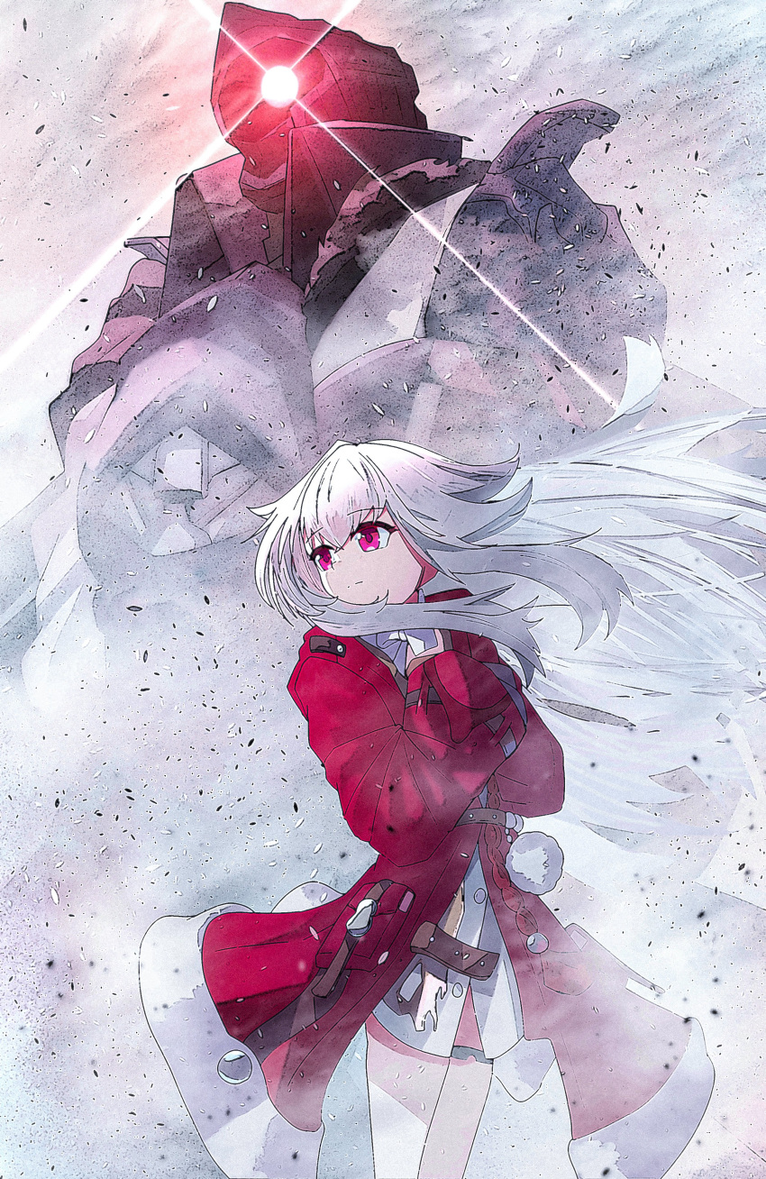 1girl, 1other, absurdres, blizzard, clara_(honkai:_star_rail), coat, highres, honkai:_star_rail, honkai_(series), jacket, long_hair, pink_eyes, pom_pom_(clothes), red_coat, red_eyes, red_jacket, robot, svarog_(honkai:_star_rail), thigh_strap, white_hair, zeroartwo