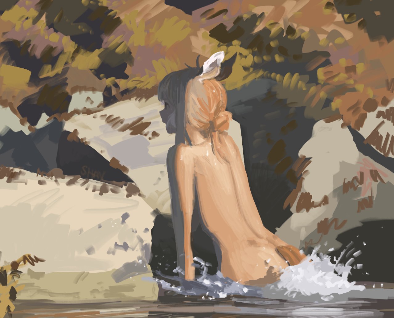 animal_ears, bathing, brown_hair, deer_ears, deer_girl, deer_tail, li_shay, nude