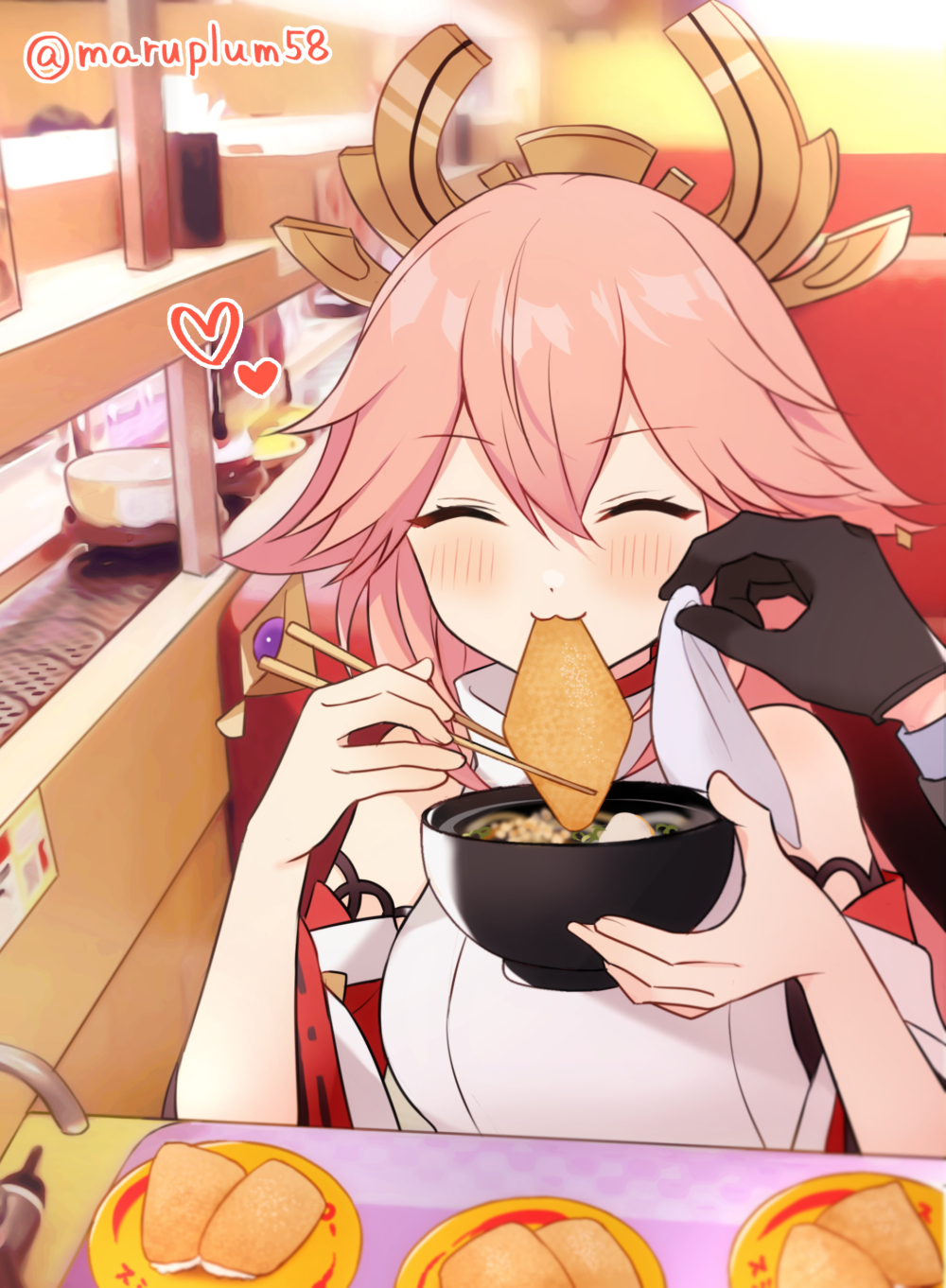 1boy, 1girl, :3, blush, bowl, chopsticks, closed_eyes, conveyor_belt_sushi