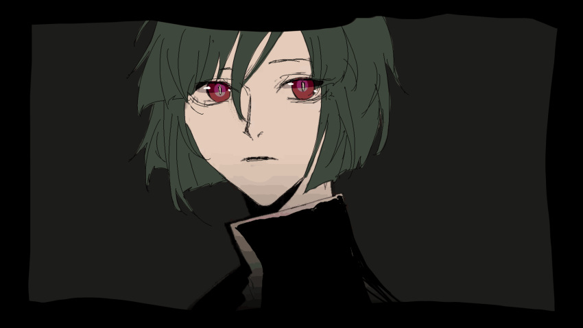 1other, adagumo_no_saragimaru, androgynous, black_border, black_shirt, blunt_bangs, blunt_ends, border