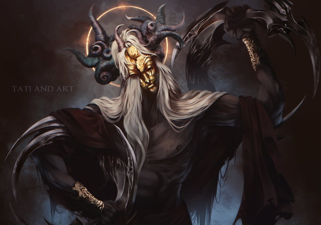 1boy, arm_blade, artist_name, asymmetrical_horns, black_background, blue_skin, character_request, colored_skin