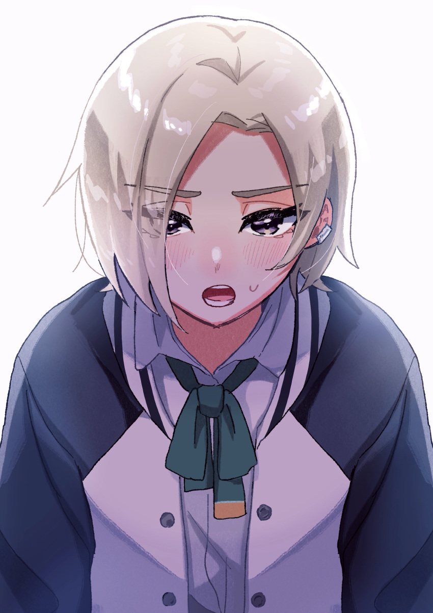 1girl, absurdres, blonde_hair, blush, collared_shirt, commentary_request, ear_piercing, green_ribbon