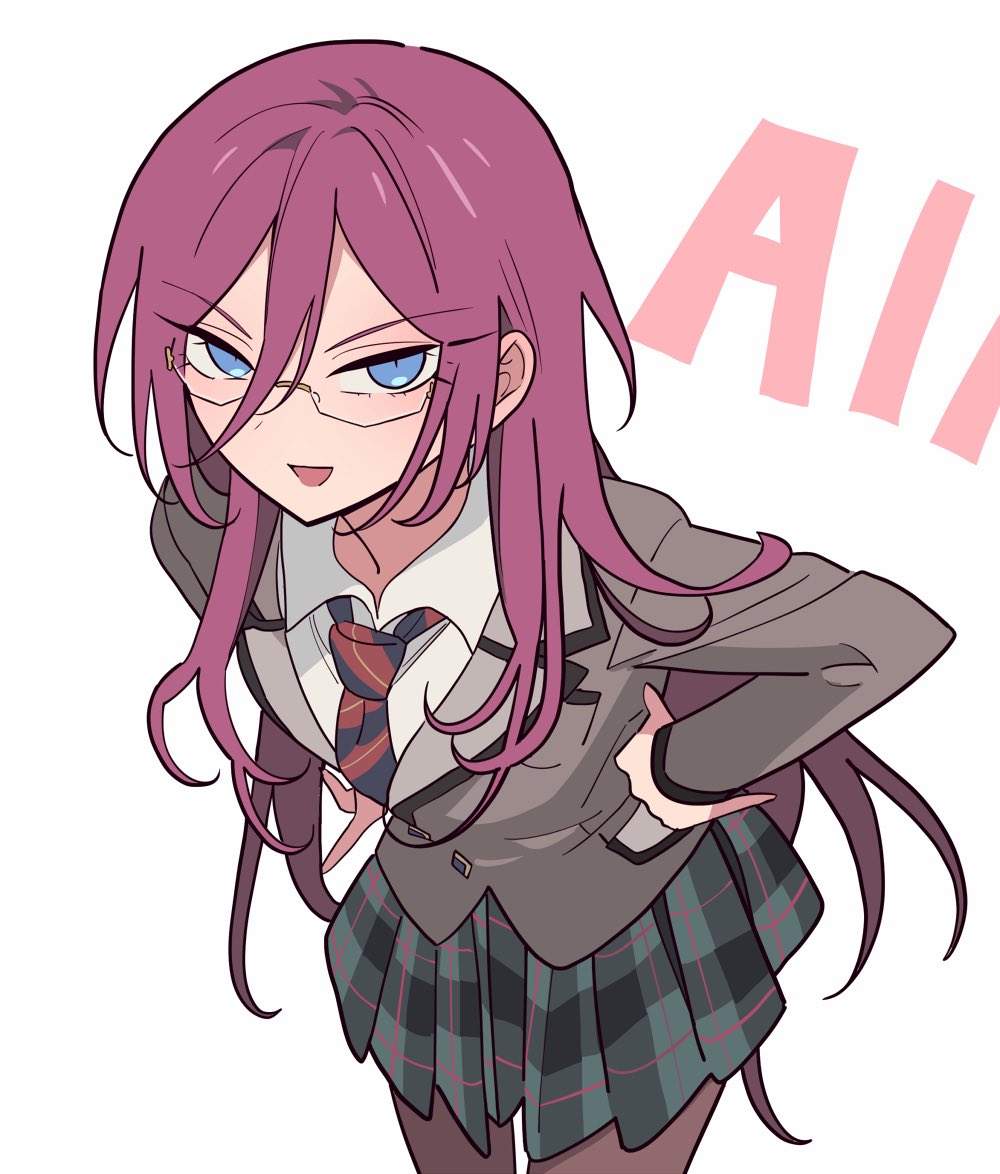 1girl, blue_eyes, collared_shirt, commentary_request, cowboy_shot, ensemble_stars!, genderswap, genderswap_(mtf), glasses, green_skirt, grey_jacket, hair_between_eyes, hand_on_own_hip, jacket, leaning_forward, long_hair, long_sleeves, looking_at_viewer, meremero, necktie, open_mouth, pantyhose, plaid, plaid_skirt, pleated_skirt, saegusa_ibara, school_uniform, shirt, shuetsu_school_uniform, simple_background, skirt, smile, solo, standing, white_background, white_shirt