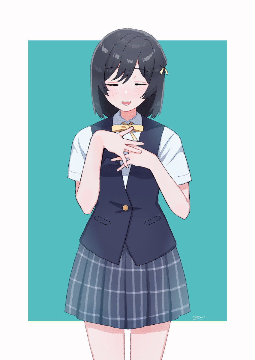 1girl, absurdres, black_hair, black_vest, blue_background, blue_skirt, blush, border