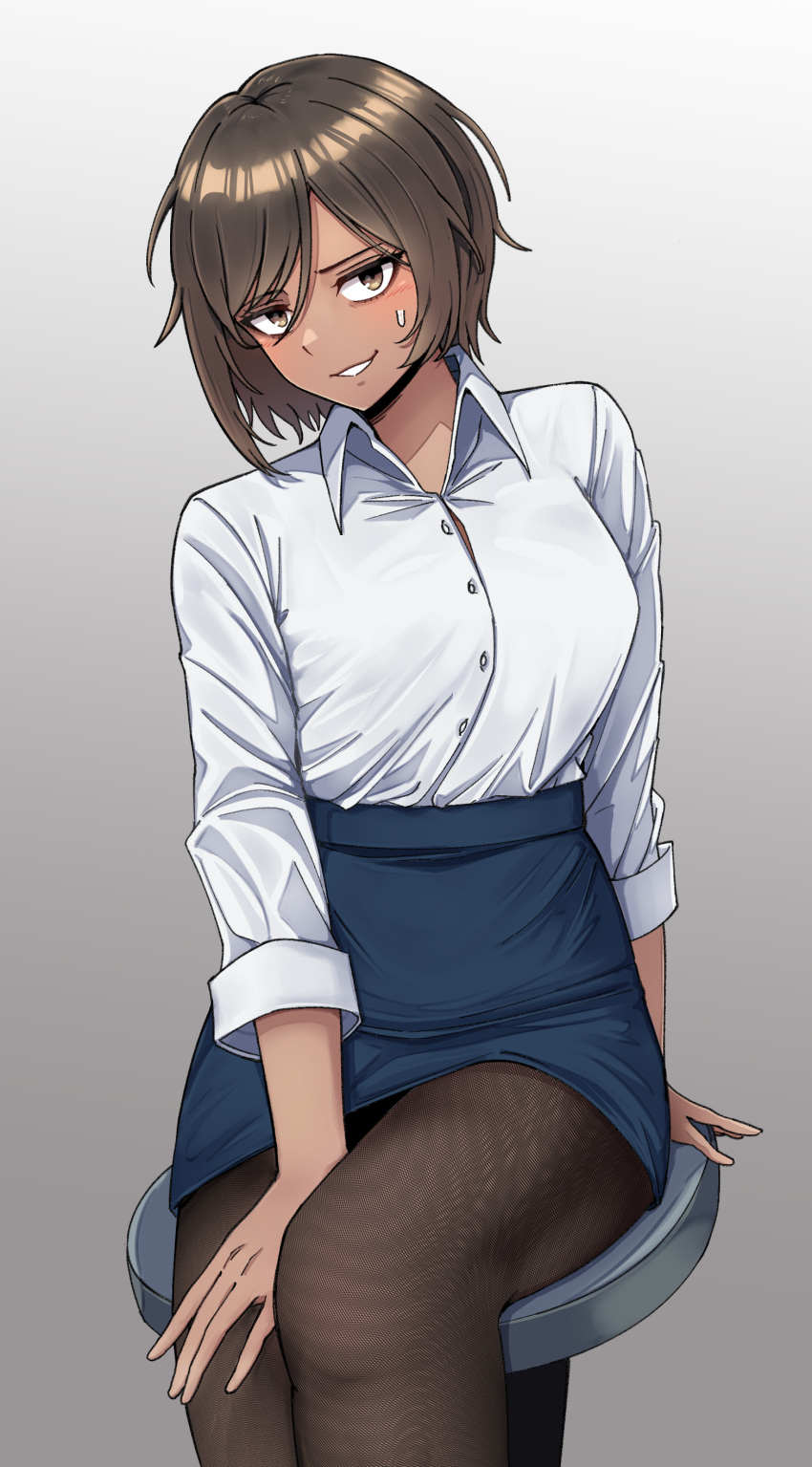 1girl, absurdres, bags_under_eyes, black_pantyhose, blue_skirt, blush, breasts, brown_hair