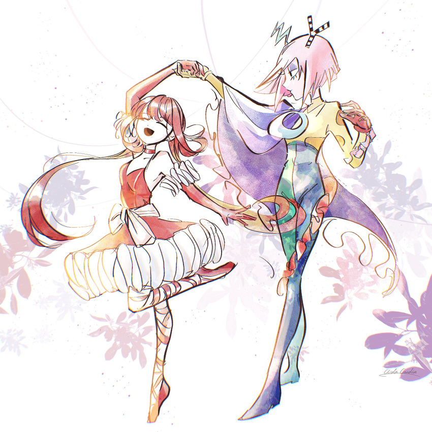 1girl, 1other, aida_(aidacamelia0516), antennae, ballerina, cape, choker, dress