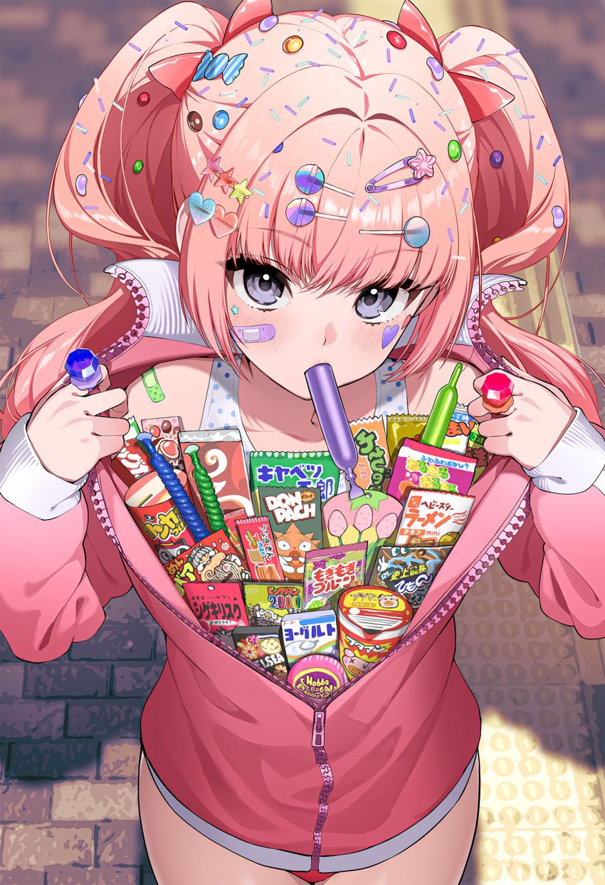 1girl, bandaid, bandaid_on_cheek, bandaid_on_face, blonde_hair, bow, candy, collarbone