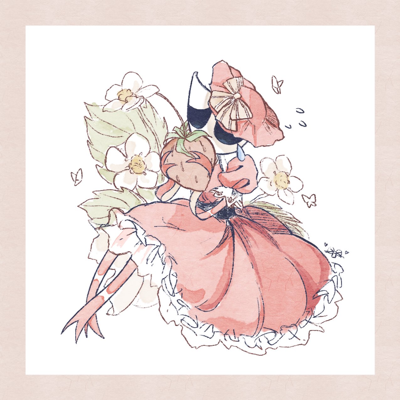 1girl, aida_(aidacamelia0516), bug, butterfly, dress, flower, food, frilled_dress, frills, fruit, full_body, gangle_(the_amazing_digital_circus), hat, highres, holding, holding_food, holding_fruit, leaf, mask, pink_dress, pink_hat, pink_ribbon, puffy_short_sleeves, puffy_sleeves, ribbon, short_sleeves, simple_background, solo, strawberry, strawberry_blossoms, tears, the_amazing_digital_circus, white_background, white_flower