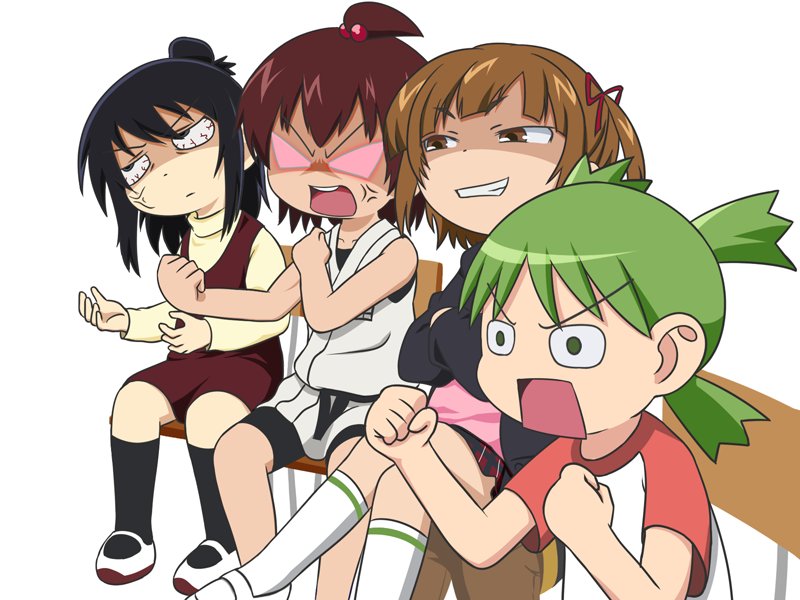 4girls, black_hair, brown_eyes, brown_hair, chair, crossed_legs, crossover, gaijin_4koma