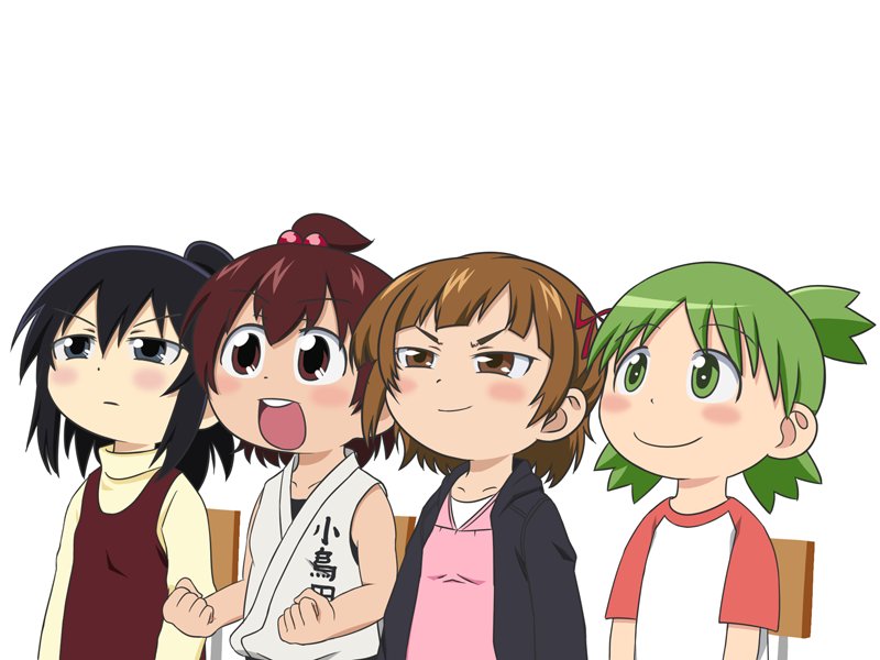 clothes_writing, crossover, gaijin_4koma, hair_bobbles, hair_bun, hair_ornament, koiwai_yotsuba, marui_futaba