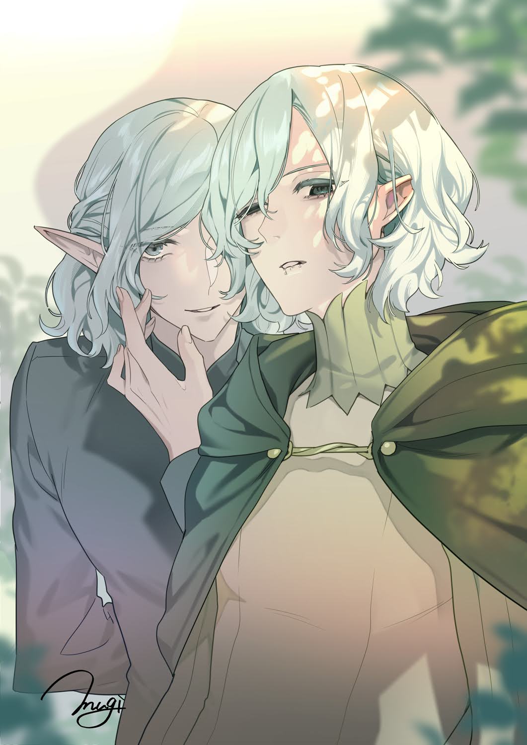 2boys, arm_behind_back, bags_under_eyes, black_eyes, blurry, blurry_background, braid, cloak