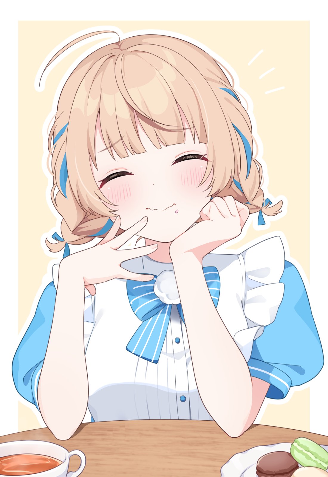 1girl, ahoge, apron, blonde_hair, blue_bow, blue_bowtie, blue_dress, blue_ribbon
