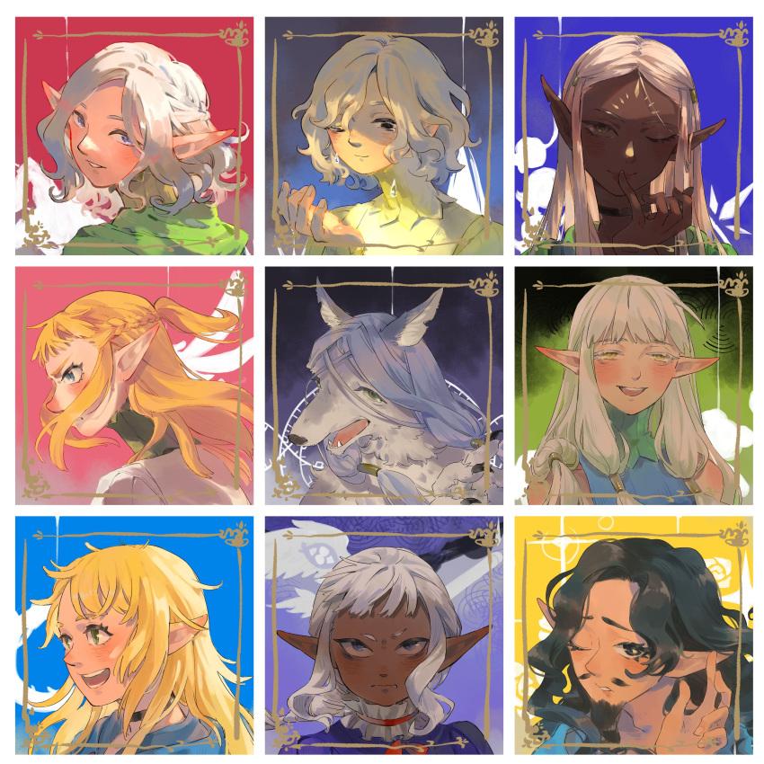 4girls, 5girls, absurdres, alternate_species, angry, beard, black_eyes, black_hair, blonde_hair, blue_eyes, blush, braid, choker, cithis, crying, dark-skinned_female, dark-skinned_male, dark_elf, dark_skin, dungeon_meshi, elf, facial_hair, facial_mark, finger_to_mouth, forehead_mark, frown, green_eyes, grey_eyes, grey_hair, grid, highres, lazy_eye, long_hair, looking_at_viewer, looking_to_the_side, low-tied_sidelocks, lycion, marcille_donato, milsiril_(dungeon_meshi), mithrun, multiple_girls, mustache, notched_ear, one_eye_closed, open_mouth, parted_lips, pattadol, pointy_ears, portrait, profile, sainn, senshi_(dungeon_meshi), senshi_(elf)_(dungeon_meshi), short_bangs, short_hair, sidelocks, smile, species_connection, straight-on, tears, thistle_(dungeon_meshi), uneven_eyes, violet_eyes, wavy_hair, werewolf, white_hair, wolf, yellow_eyes