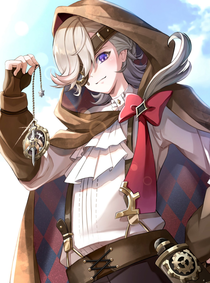 1boy, blonde_hair, bow, brown_cape, brown_gloves, brown_hood, cape, closed_mouth