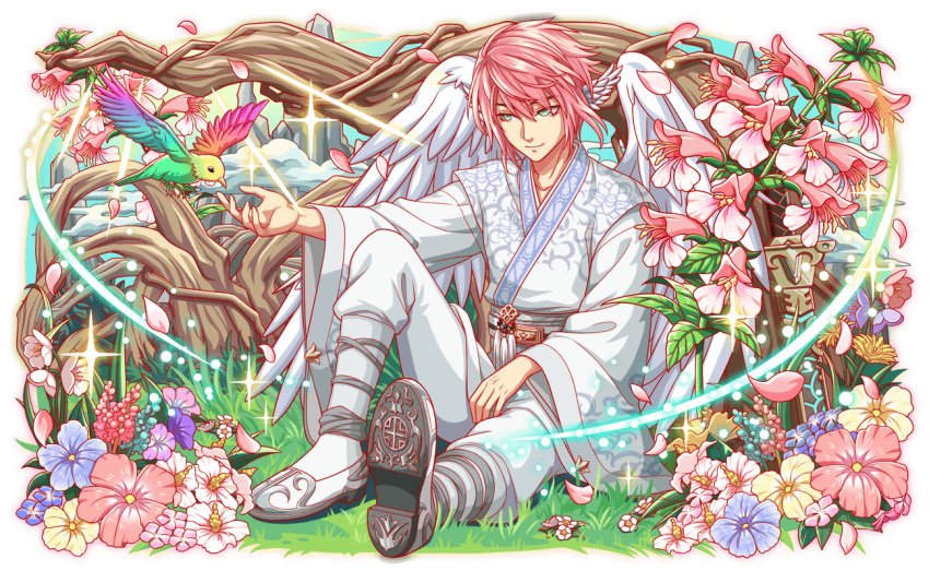 1boy, 1other, alternate_costume, alternate_wing_color, animal, artist_request, baji, beak, bird_tail, black_eyes, blue_flower, blue_sky, branch, closed_mouth, clouds, crash_fever, dongjeong, ear_wings, flower, flower_request, flying, full_body, game_cg, gomusin, grass, green_eyes, green_tail, hanbok, hibiscus, jeogori_(clothes), kneehighs, korean_clothes, leaf, light_particles, long_sleeves, looking_at_animal, male_focus, multicolored_bird, multicolored_wings, norigae, official_alternate_costume, official_art, on_grass, outline, outstretched_arm, outstretched_hand, pink_flower, pink_petals, purple_flower, red_flower, red_outline, saradoryeong, sash, saturated, shoe_soles, sitting, sky, smile, socks, solid_eyes, solo_focus, sparkle, sword, tachi-e, tail, transparent_background, two-tone_footwear, weapon, white_footwear, white_hanbok, white_jeogori, white_sash, white_sleeves, white_socks, white_wings, wide_sleeves, wings, yellow_flower