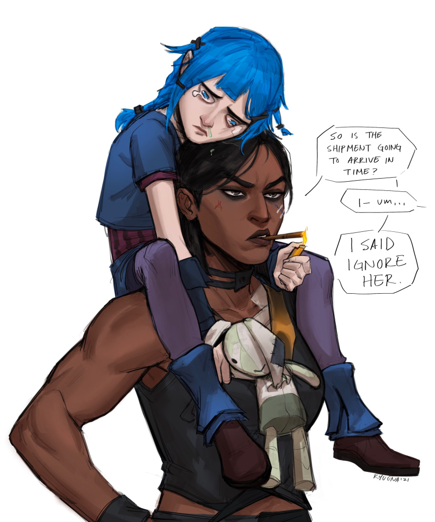 2girls, absurdres, arcane:_league_of_legends, black_choker, black_hair, black_shirt, blue_eyes, blue_hair
