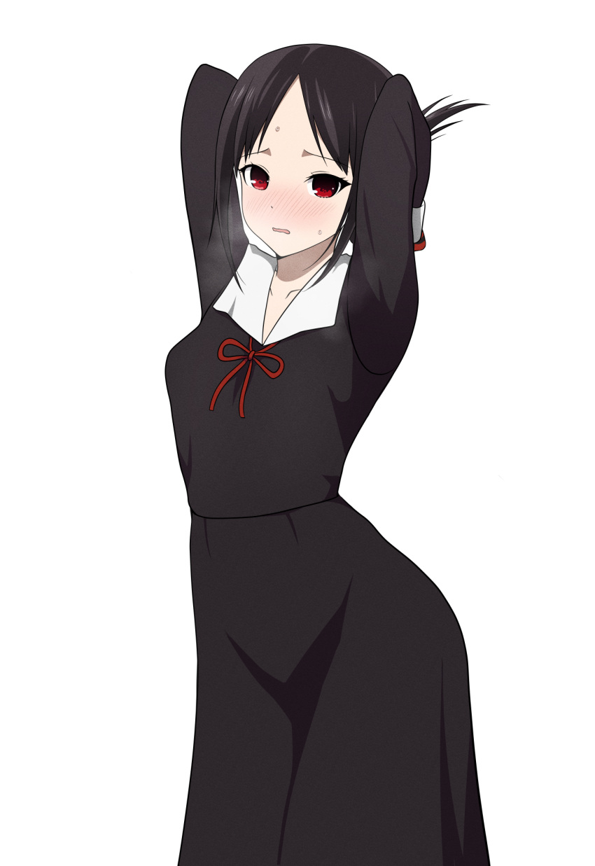 1girl, adjusting_hair, arms_behind_head, black_hair, blush, breasts, collarbone, coro_fae
