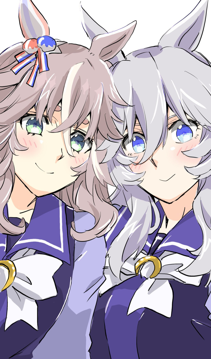 2girls, blue_ribbon, bow, bowtie, collarbone, commentary, ear_covers, ear_ornament