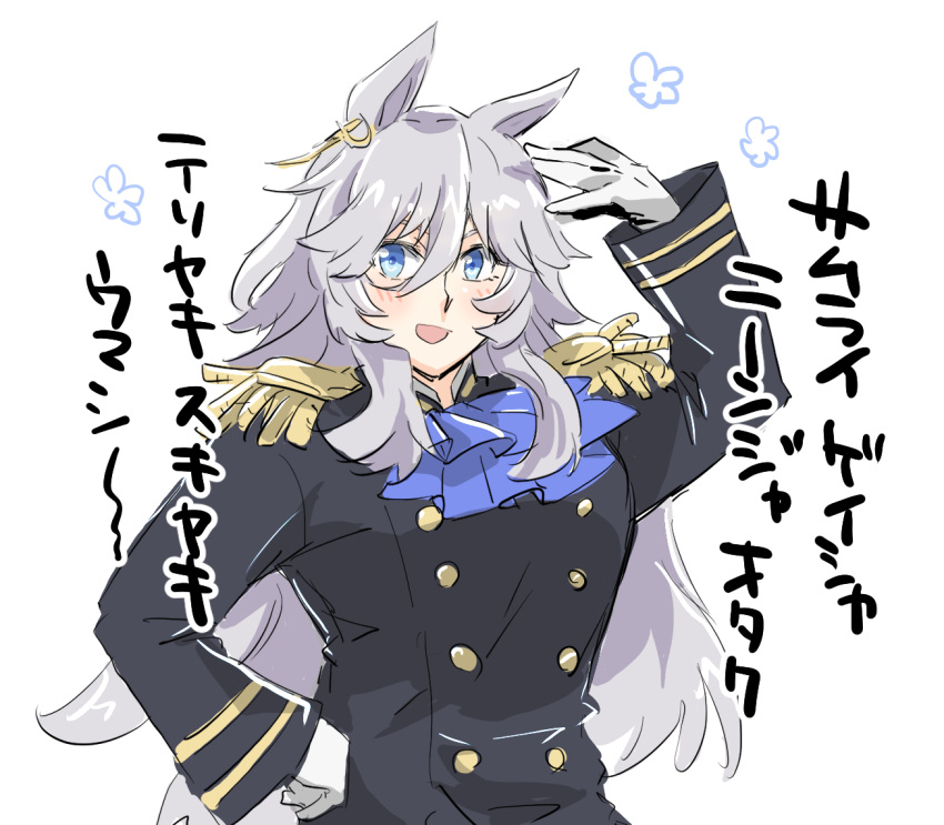 1girl, animal_ears, ascot, black_coat, blue_ascot, blue_eyes, buttons, coat