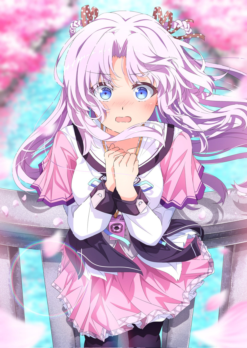 1girl, black_pantyhose, blue_eyes, blurry, blurry_background, blush, brown_ribbon, cherry_blossoms, commentary, commission, corrupted_twitter_file, cowboy_shot, day, depth_of_field, embarrassed, eyes_visible_through_hair, falling_petals, floating_hair, hair_ribbon, hair_rings, hands_up, highres, koi_ga_saku_koro_sakura_doki, kyamiuu, lens_flare, long_hair, long_sleeves, looking_at_viewer, miniskirt, nose_blush, open_mouth, outdoors, own_hands_together, pantyhose, parted_bangs, petals, pink_skirt, pleated_skirt, polka_dot, polka_dot_ribbon, purple_hair, railing, ribbon, river, sailor_collar, school_uniform, serafuku, shirt, short_sleeves, skeb_commission, skirt, solo, straight-on, surprised, symbol-only_commentary, tsukishima_hanako, white_sailor_collar, white_shirt, wind
