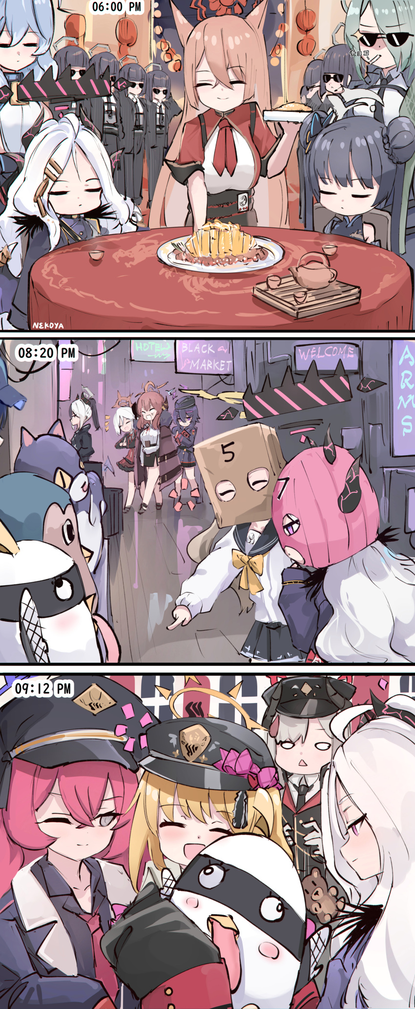 absurdres, ako_(blue_archive), angry_adelie_(blue_archive), animal_ears, aru_(blue_archive), bag, black_hair, blonde_hair