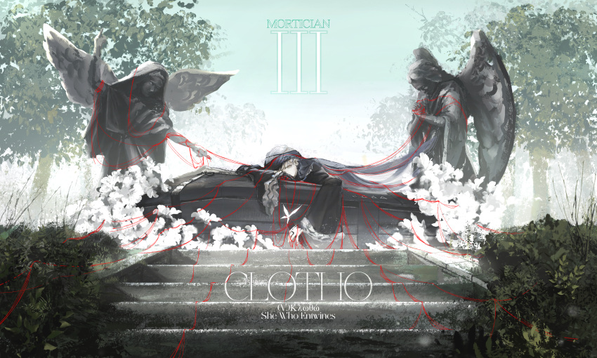 1girl, absurdres, angel_statue, black_dress, black_veil, character_name, clotho_(neural_cloud), coffin