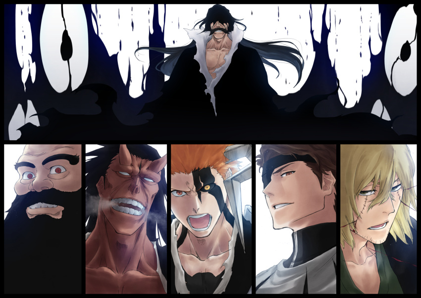 aizen_sousuke, aura, bald, bankai, beard, black_hair, black_sclera, blank_eyes